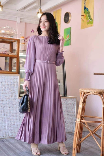 Pierre Solid Pleated Long Dress - Purple
